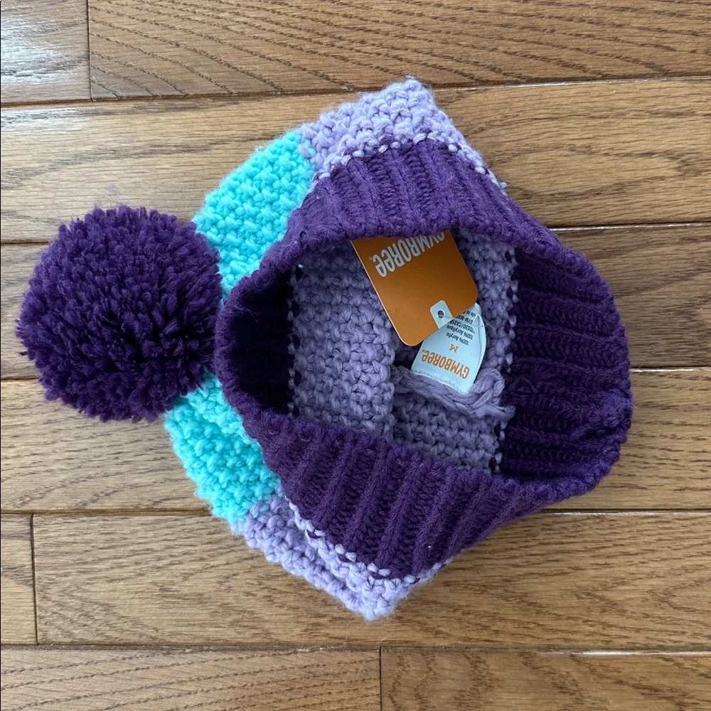 🩵NWT GYMBOREE girls winter hat purple lavender turquoise stripes pom medium new